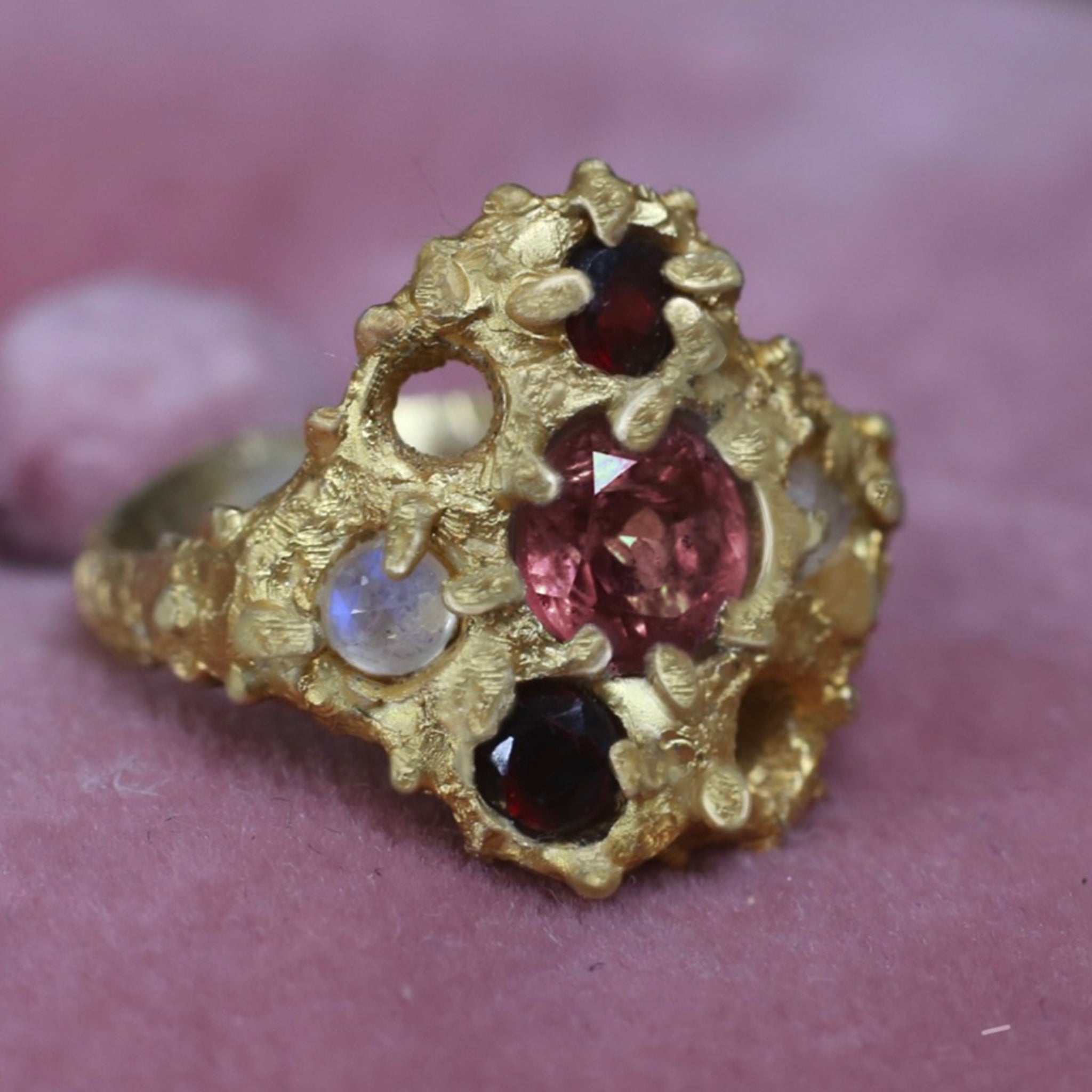 Anise Ring with Garnets, Moonstones & Tourmaline